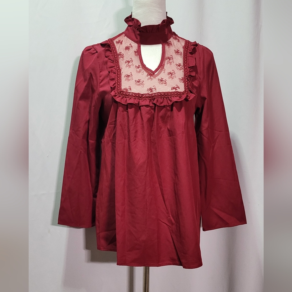 StyleDome Women's NWT Red Lacc High Neck Long Sleeve Ruffle Blouse Size Small 🐈 - Picture 3 of 11